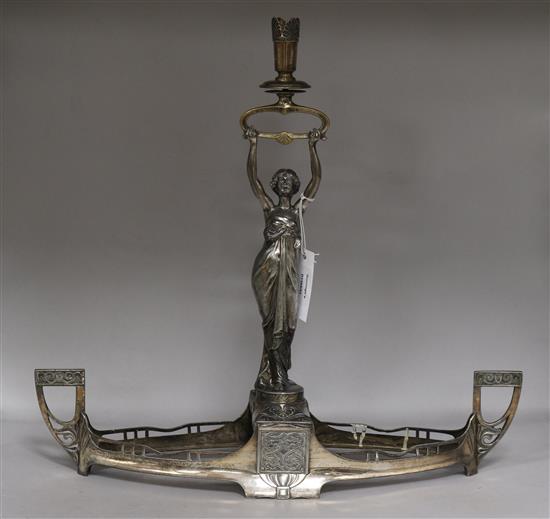 A WMF pewter Art Nouveau figural table centre, height 47cm, lacking dish and trumpet vase